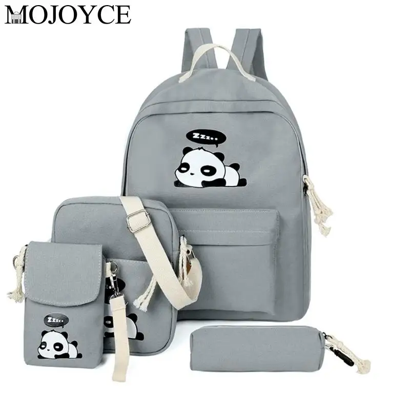 ##BUY 4pcs Set Simple Canvas Women Backpack Girls Cute Panda Print Student School Rucksack Shoulder Teenagers Casual Travel Knapsack