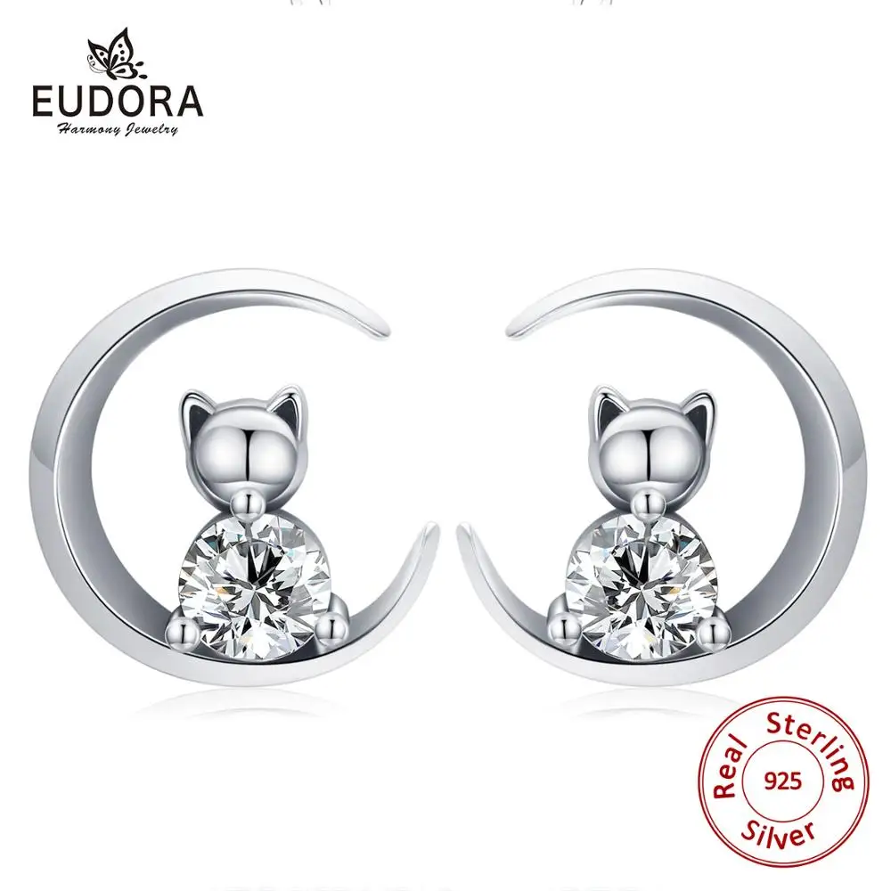 

EUDORA Real 925 Sterling Silver Moom Bear Earring Fashion Crystal CZ Stud Earrings with Box Gift Dangler for Women Jewelry E127