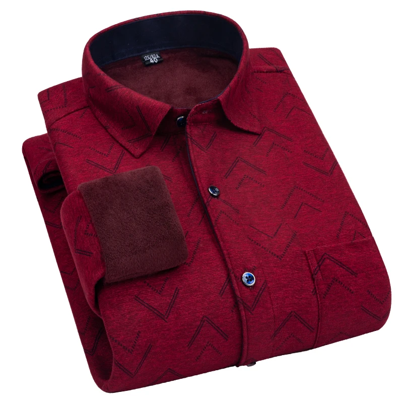 

AOLIWEN Men Winter 10% Wool Thicken Plus Fleece Red Long Sleeve Warm Printed Shirt L-8XL Casual Trendy Comfortable Slim Shirts