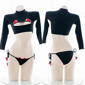 

Women Hollow Out Little Devil Cute Open Chest Pajamas Set Sexy Lingerie Long Sleeve Short Tops Turtleneck Sleepwear Suit Cosplay