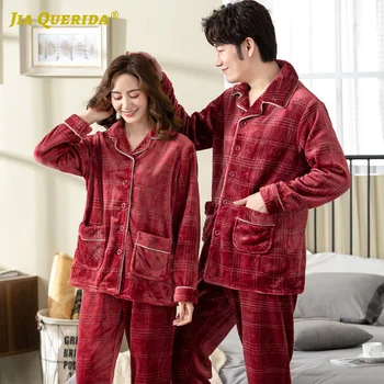 

Front Pocket Flannel Winter Warm Sleepwear Fashion Style Casual Style Pajamas Set Man and Woman Couple Red Top Red Pants Pj Set