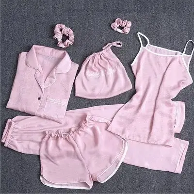 Pink QWEEK, сексуальные пижамы, женские летние атласные пижамы, женские пижамы, 7 шт., новинка, шелковые женские пижамы, набор, свободные пижамы, Прямая поставка - Цвет: Pink