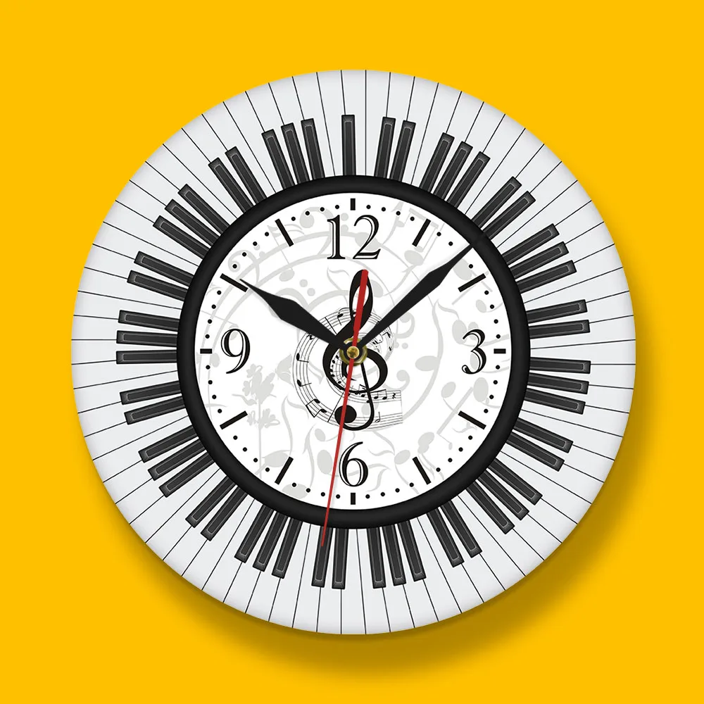 Фортепианная клавиатура скрипичный ключ настенные художественные современные настенные часы музыкальные ноты черно-белые настенные часы музыкальная студия Декор подарок фортепиано