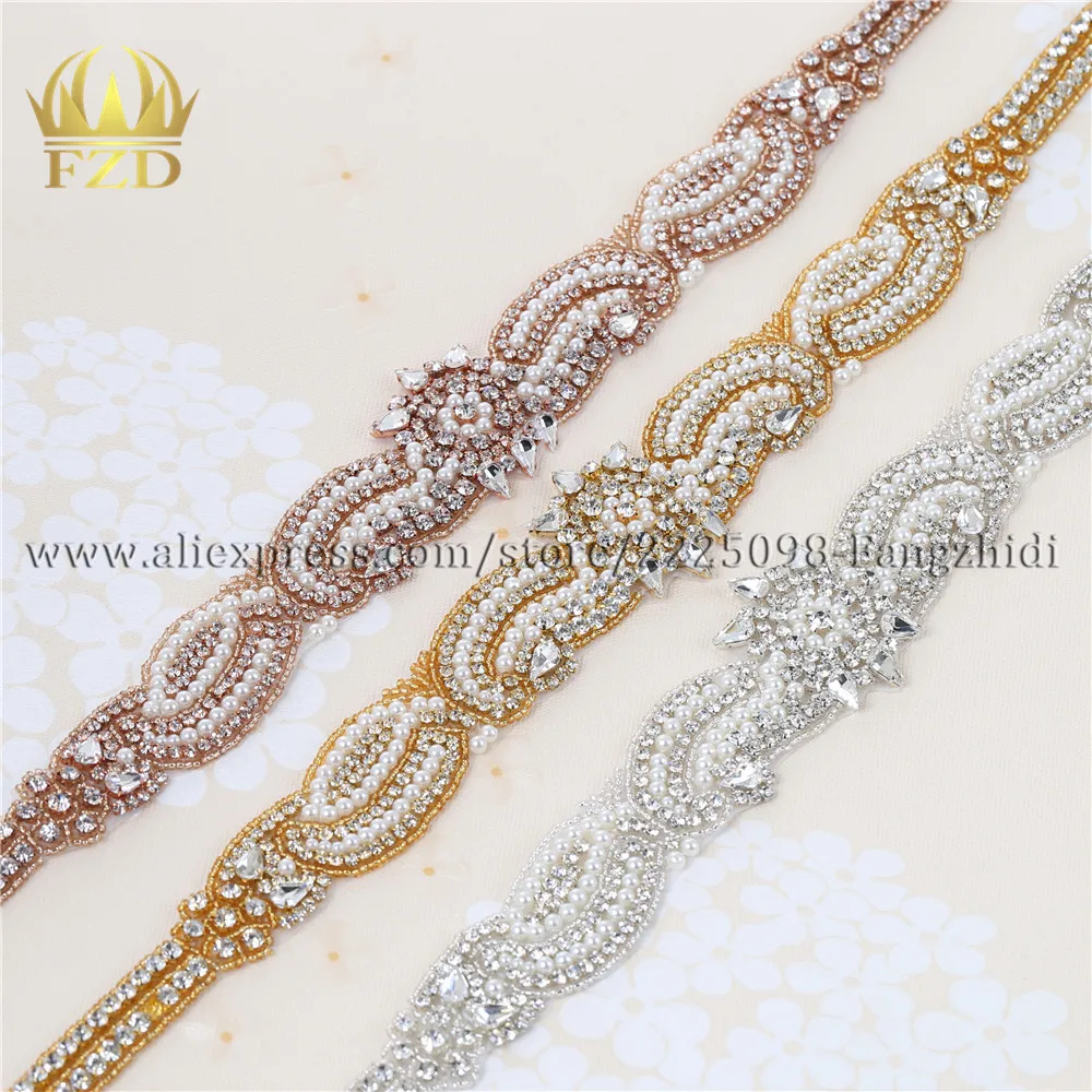 

(10 Pieces) Wholesale Iron On Sewing Beaded Wedding Sash Rhinestone Appliques Trim Sash Headpieces Garters
