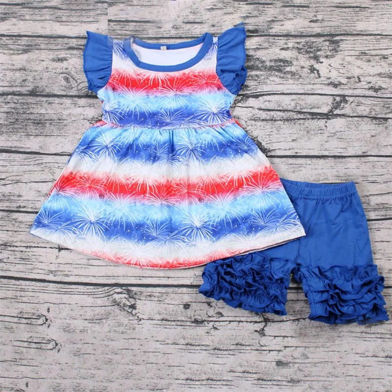 

4th of July Fireworks Ruffle Summer Outfit Children Girls Clothing Casual Set Kids Soft Cotton Baby Clothes