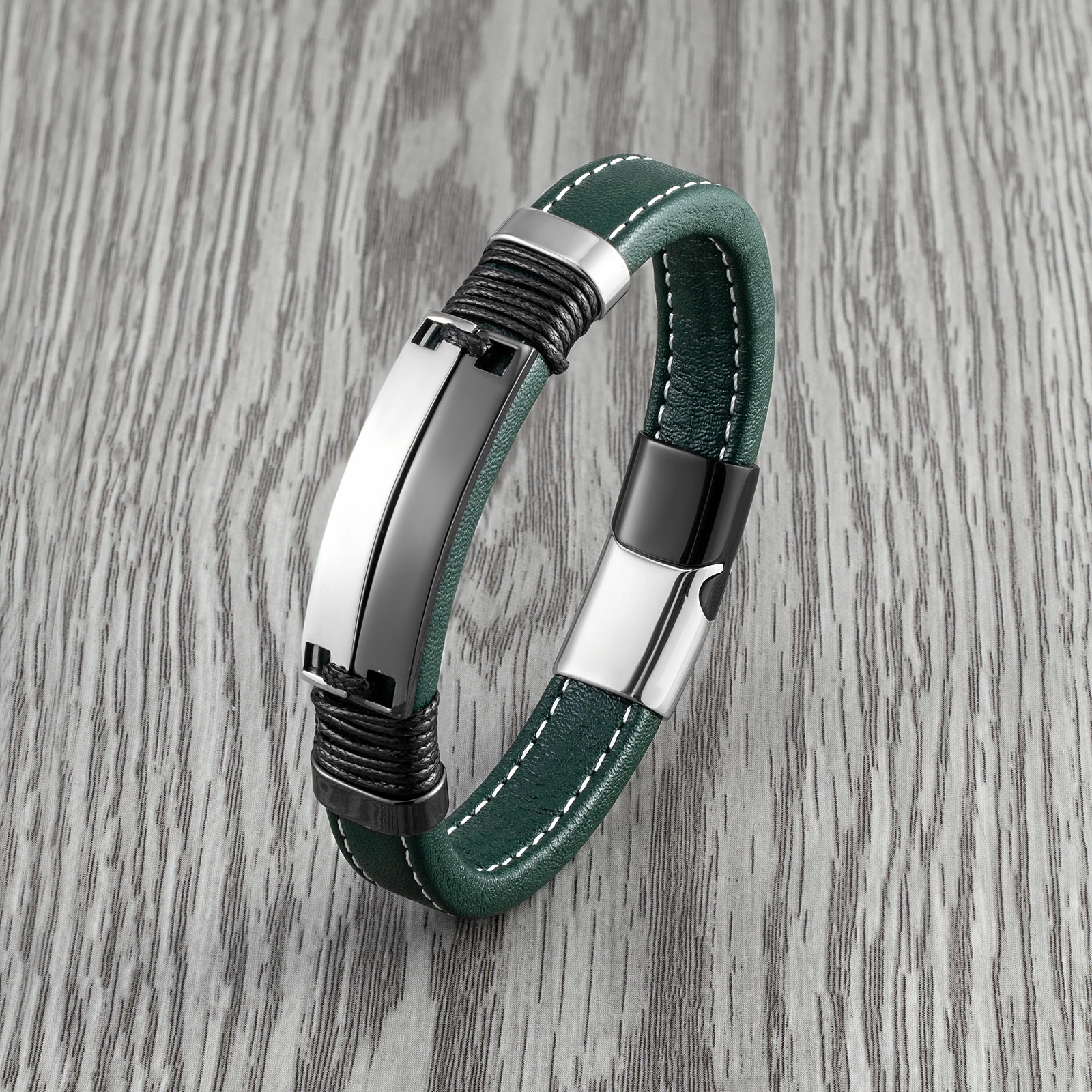 2021 New Fashion Punk Style Double Row Smooth Multicolor Stainless Steel Men's Bracelet Charm Green Wide Leather Cord Bracelet - Image 4