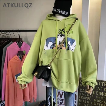 

Korean version of the cartoon dog pattern loose long hooded sweatshirt large pocket fruit green sweatshirt female 2019autumn new