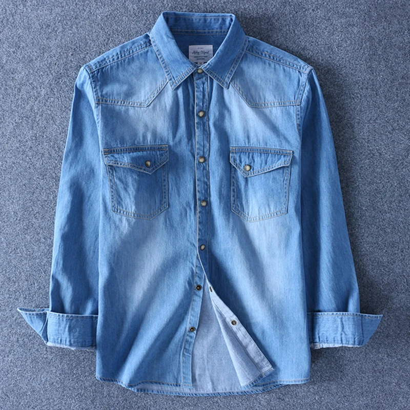 Denim shirt Men long sleeve soft cotton double pockets slim slight elastic jeans tops