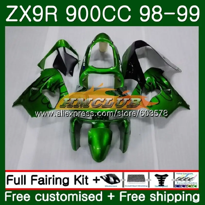 Корпус для KAWASAKI ZX900 ZX9 R ZX 9R ZX9R 98 99 00 01 110CL. 22 900CC ZX 9 R 900 ZX-9R 1998 1999 2000 2001 зеленый и обтекатели с пламенем