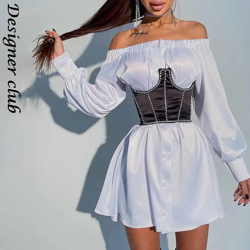 Mini Bodycon Sexy Dresses With Corset Bandage Chic Off-shoulder Long Sleeve Elegant Club Party Dress | Женская одежда