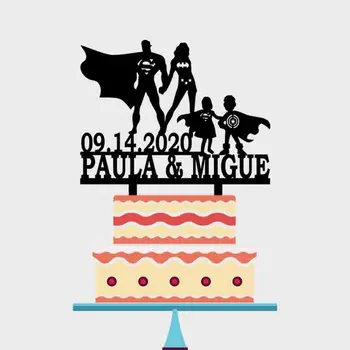 

Personalized Superhero Family Cake Topper Custom Couples Name Date Superman and Wonder Woman with Kids Cake Topper YC218