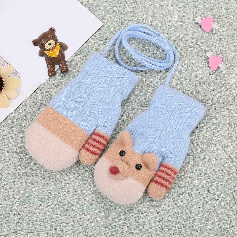 Детские перчатки с милым медведем из мультфильма, зимняя вязаная шерстяная одежда, варежки для новорожденных, бархатные толстые теплые перчатки для детей 0-3 лет