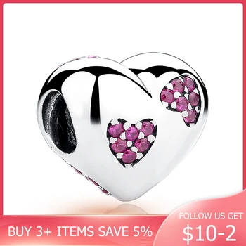 

CodeDog New 925 Silver Pink Crystals Heart Charms fit Bracelets for Women DIY Accessories CMC012