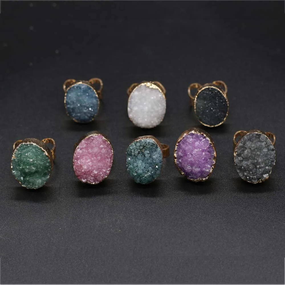 Natural Druzy Agates Rings Diamon-Studded Open Finger Rings Irregular Charm for Women Men Party Wedding Jewelry