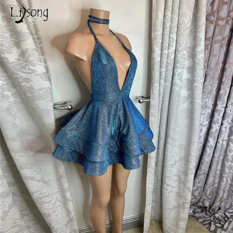 

Bling Short Party Dresses 2019 Trendy Tiered Sequin Dubai Saudi Arabic Long Formal Dresses Sexy Halter Backless Mini Prom Gowns