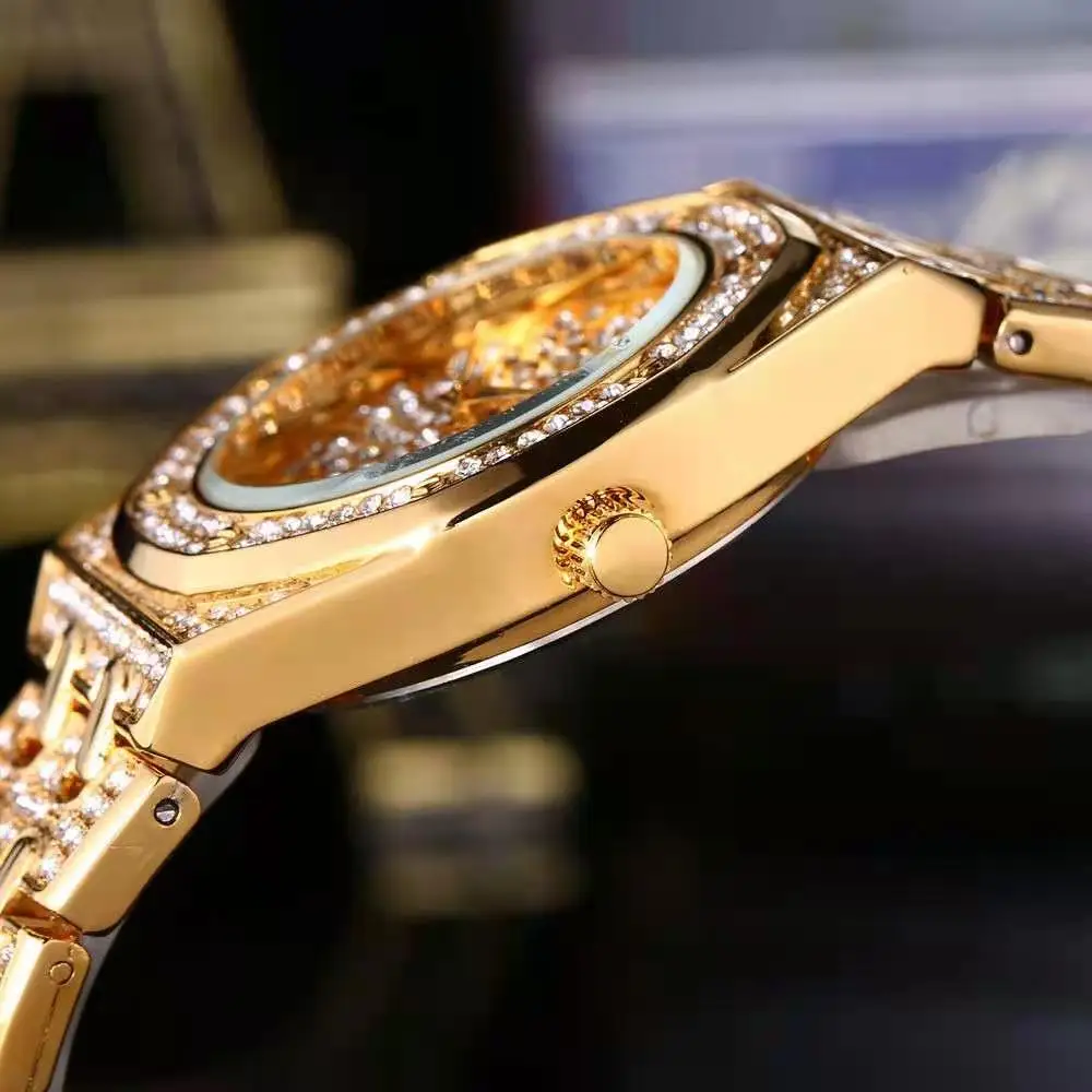 3Pcs Watch+Bracelet+Necklace Hip Hop Miami Cuban Chain Gold Watch Iced Out Paved Rhinestones CZ Bling Rapper Men Jewelry Joyas