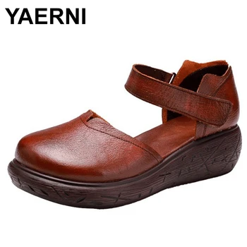 

YAERNI Promotion round head genuine leather sandals classic comfort woman shoes wedge sandals 2020 famous summer shoes women