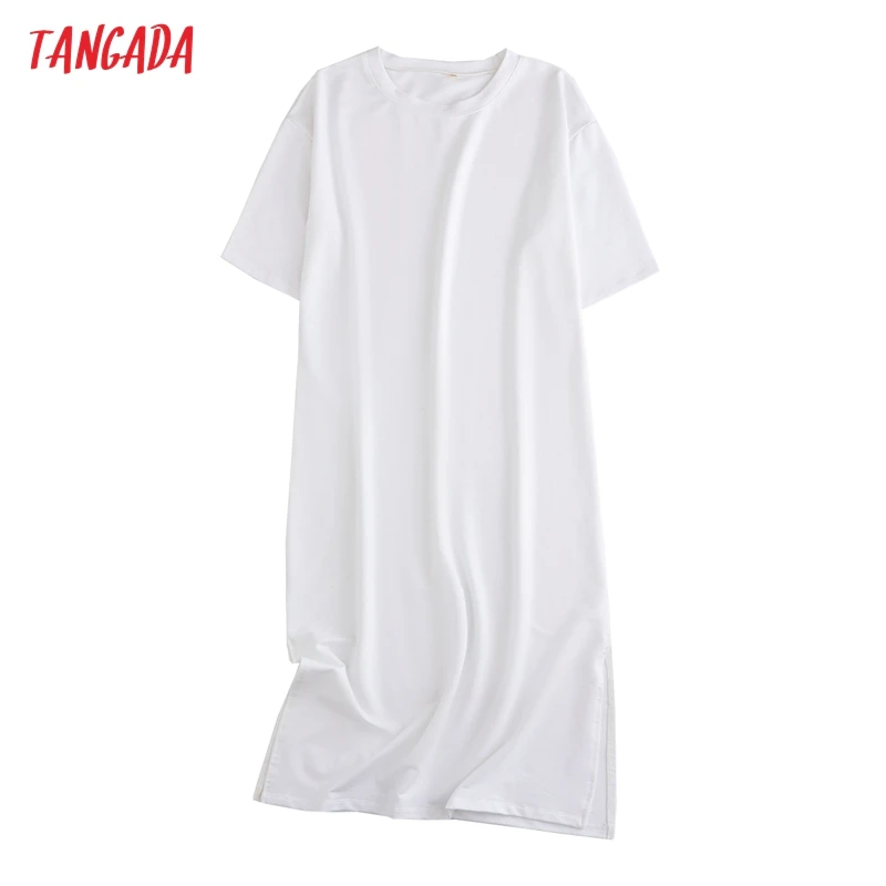 Tangada 2021 Women Elegant 95% Cotton Sweatshirt Dress Oversized Short Sleeve Side Open Ladies Midi Dress 6L60