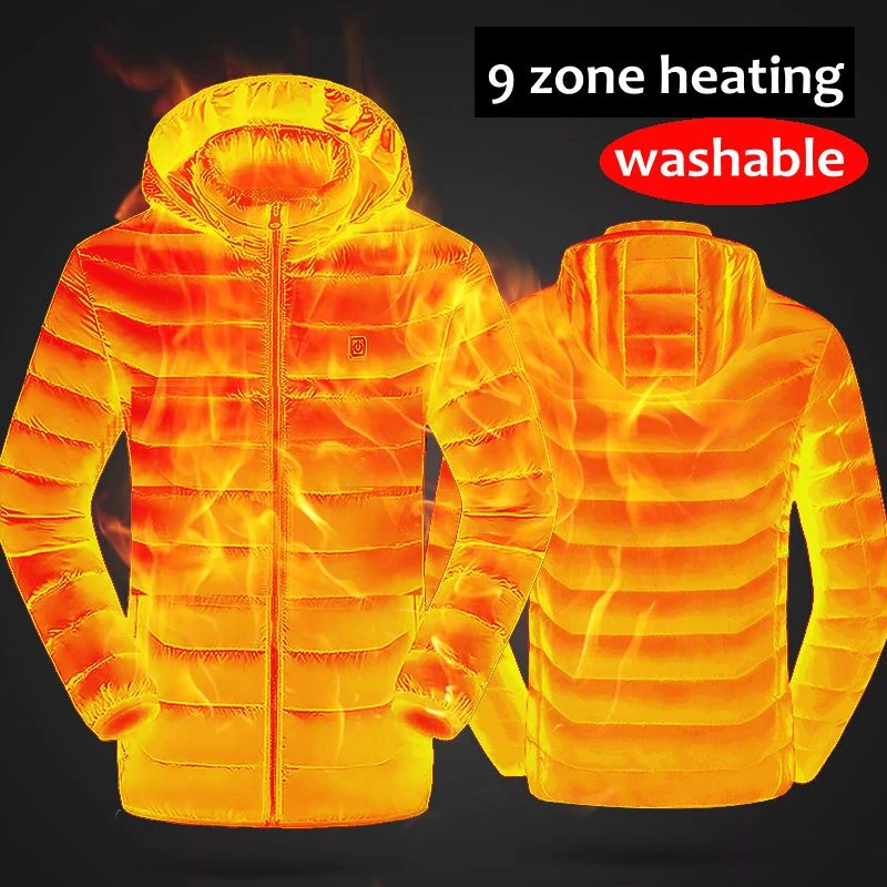 Men 9 Place Heated Winter Warm Jackets USB Heating Padded Jackets Smart Thermostat Pure Color Hooded Heated Clothing Waterproof mens parka coats sale