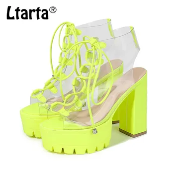 

LTARTA Large Size Sandals Cross-border Strap Fish Head PVC Women's Shoes Candy Color Transparent PVC Thick Heel Sandals CGB