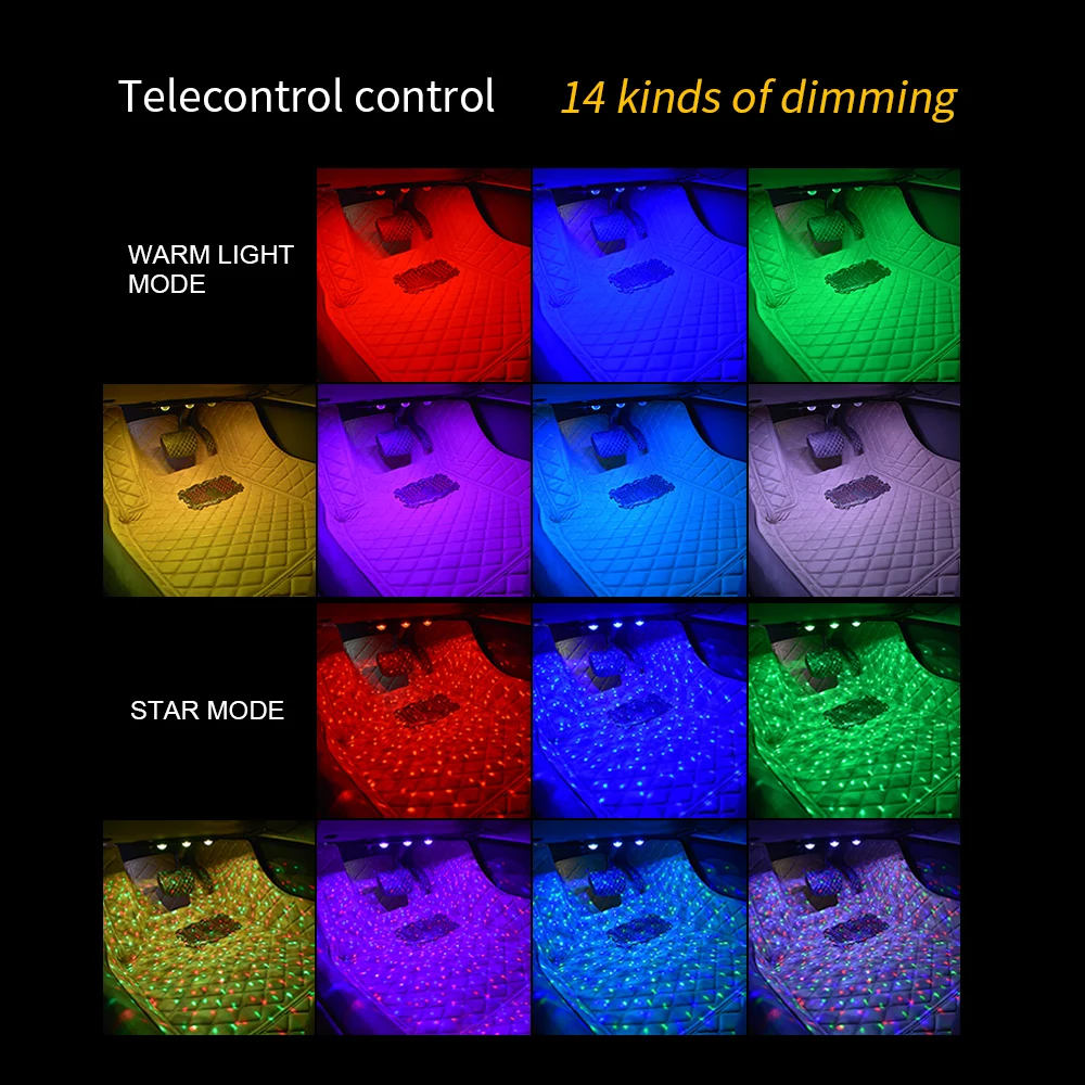 

1set Upgrade USB RGB Car Ambient Foot Star Starry Light Interior Neon Atmosphere Light Music Voice Control Auto Decorative Lamp