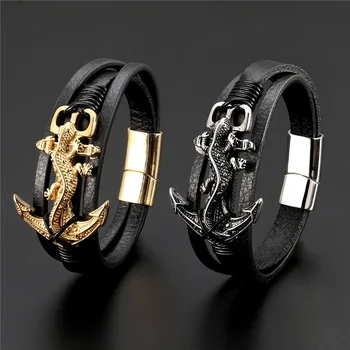 New Fashion Genuine Leather Bracelet Men Gecko Stainless Steel Anchor Bracelet Wristband Mother’s Day Father’s Day Gift Pulseira