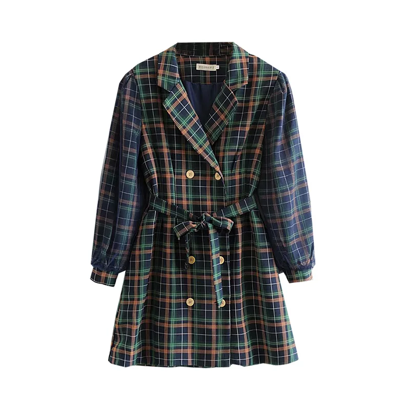 

2020 Spring New Products Retro Fashion Elegant Plaid wang sha xiu Dress of Belt Double Breasted Short Skirt Women's