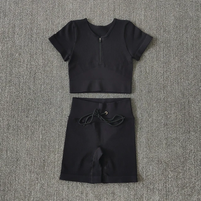 Seamless Women Yoga Set Workout Sportswear Gym Clothing Zipper Long Sleeve High Waist Leggings Fitness Bra Athletic Sports Suits ShirtsShortsBlack