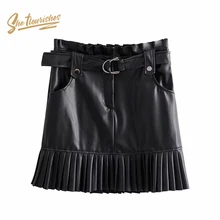 Женские юбки sheflouses из искусственной кожи, плиссированные мини-юбки с высокой талией, женские юбки из искусственной кожи, черные, зеленые, коричневые, SFA2a