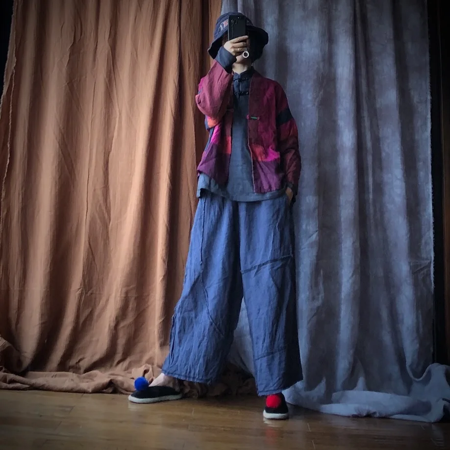 Johnature Patchwork 2020 Autumn New Women Pants Linen Elastic Waist Loose Vintage Ankle-Length Linen Casual Straight Pants