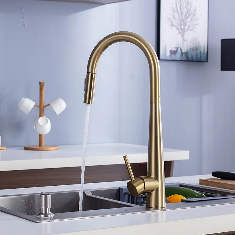 

304 Stainless steel Brushed Gold Pull Out Faucet Kitchen Faucet Hot Cold Mixer Tap Deck Mounted Basin Lead Free Tap Crane