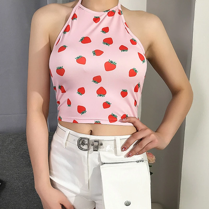 Tops de cuello colgante mujer, Tops de dibujo de Top Kawaii sin mangas, Top ajustado, camisola de calle 2020|Camisetas sin mangas| - AliExpress