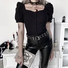 Rosetic Gothic Shirt Women Black Blouse Short Sleeve Retro Blouses Button Slim Chic Summer Tops Girl 2020 Fashion Design Shirts