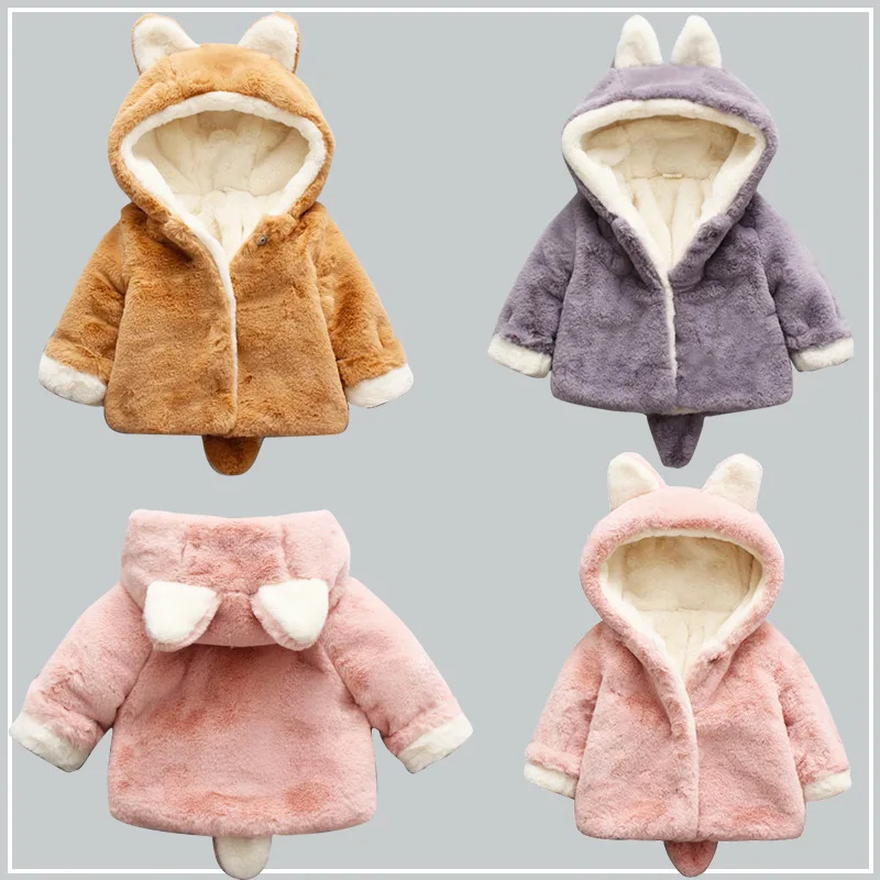 

Winter Jacket For Girls Baby Faux Fur Coat Warm Thick Cute Rabbit Hoodied Outerwear Toddler Clothing Plush Ears Small Tail Cloth