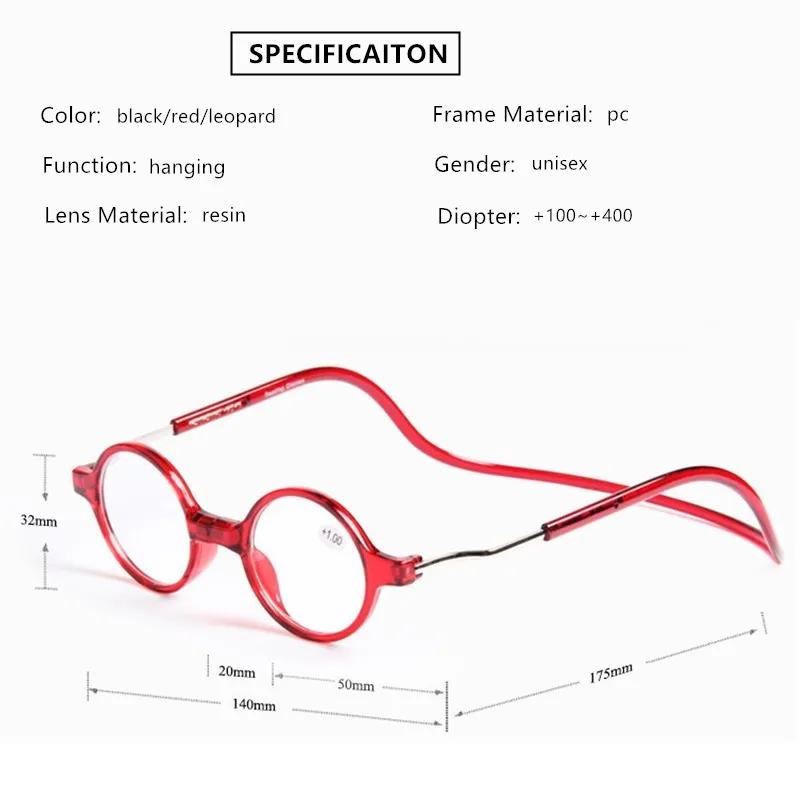 Модные трендовые Висячие очки для чтения с круглой оправой, высококачественные линзы из смолы, очки для дальнозоркости, мужские, женские, черные, красные 150
