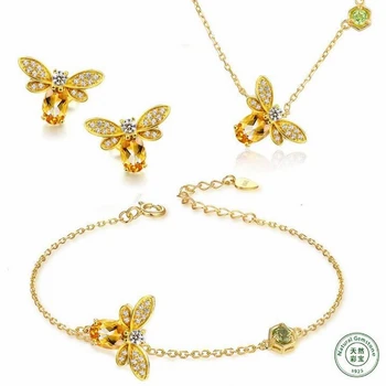 

SHDEDE 925 Silver Coloured Treasure Jewelry Natural Yellow Crystal Olivine Classic Bee Necklace Earring Bracelet fine Set