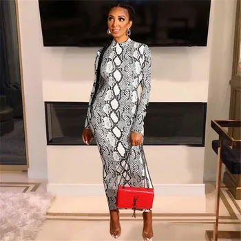 

Women Snakeskin Dress Sexy Print Womens Snake Skin Sheath Long Sleeve Zipper two-sided Dress Bodycon Elegant Party Maxi Dresses