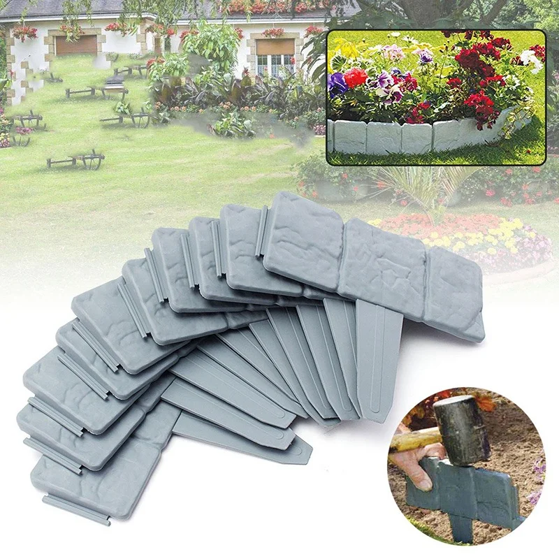 12Pc Grey Garden Fence Edging Cobbled Stone Effect Plastic Lawn Edging Plant Border Decorations Flower Bed Border