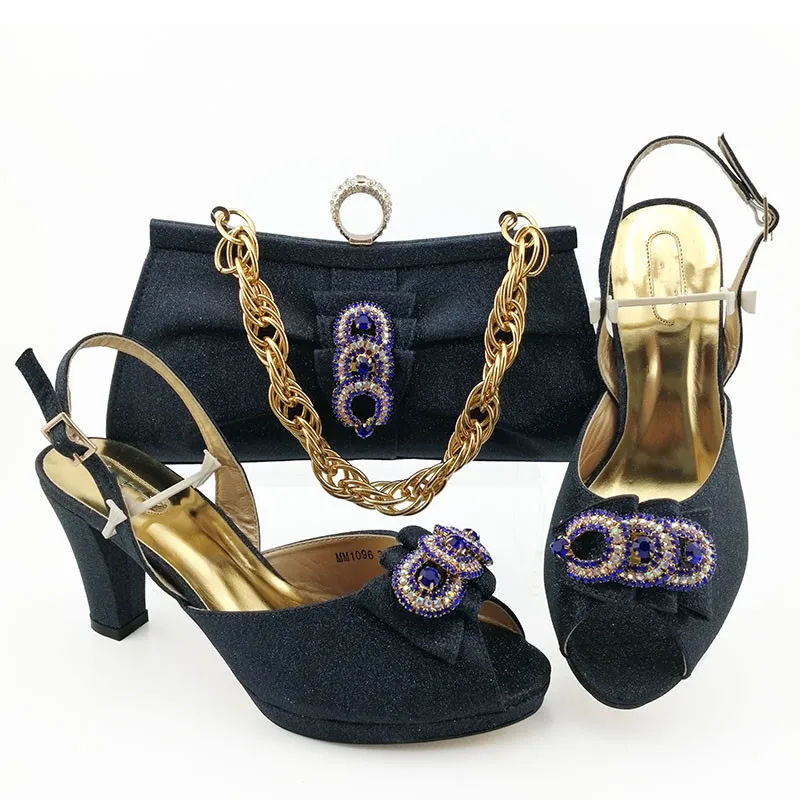 

High quality D.blue women dress shoes match handbag with rhinestone style African pumps and bag set for party MM1096,heel 8.5CM