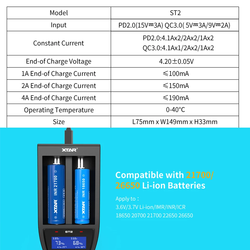 XTAR быстро Зарядное устройство ST2 SC2 SC1 SV2 18650 Батарея Зарядное устройство для 3,7 V литий-ионный аккумулятор Перезаряжаемые 18700 22650 26650 20700 21700 18650 Батарея