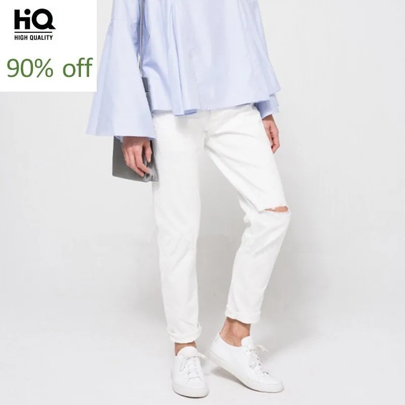 

Top Quality Women Hole Ripped Straight Denim Pants High Waist Ankle Length Boy Friend Style Female Fashion Casual Jeans Trousers