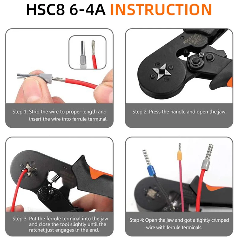 HSC8 6-4 0.08-10mm² tubular crimping plier 1640pcs terminal crimper tool kit mini electrical plier precision clamp Wire stripper