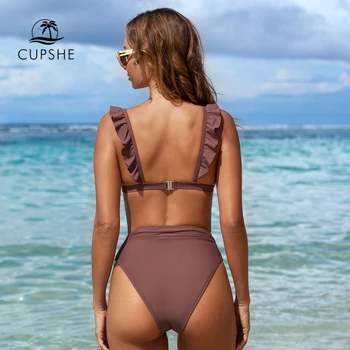 V-neck Ruffled High-waist Bikini Sets Swimsuit Women Sexy Solid Brown Two Pieces Swimwear 2022 New Beach Bathing Suits 2