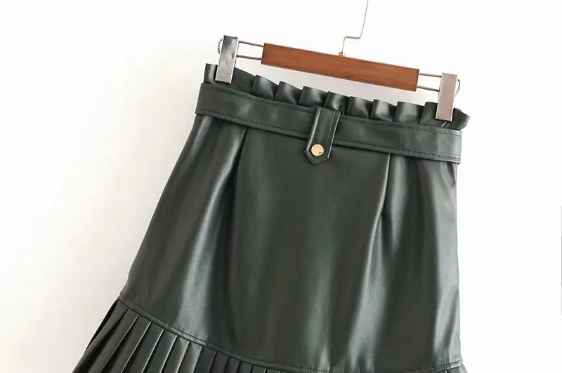 FIONTO осенние юбки из искусственной кожи, женская модная юбка из искусственной кожи, Женские Элегантные мини юбки с поясом на талии, женские плиссированные юбки