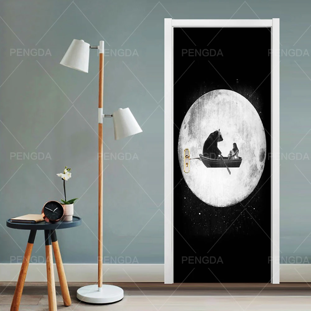 

3D Door Stickers PVC Adhesive Moon Landscape Wallpaper Print Modern Pictures Home Decor Waterproof Mural Decal For Living Room