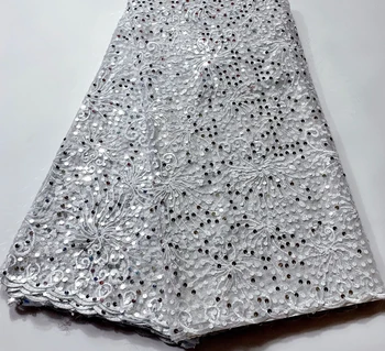 

African Lace Fabric 2019 High Quality Lace Sequins French Net Lace Tulle Mesh Fabrics Latest WHITE Color Lace Fabrics NSH067