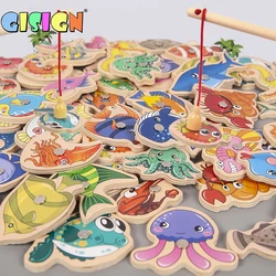 Jeu de pêche magnétique en bois interactif, dessin animé, vie Marine, Cognition, canne à poisson, jouets pour enfants, éducation précoce Parent enfant 