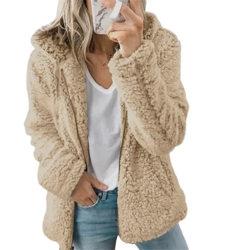 Women Autumn Winter Jacket Female Coat Causal Soft Hooded Fleece Plush Warm Plus Size Faux Fur Fluffy Zipper Top Sudadera