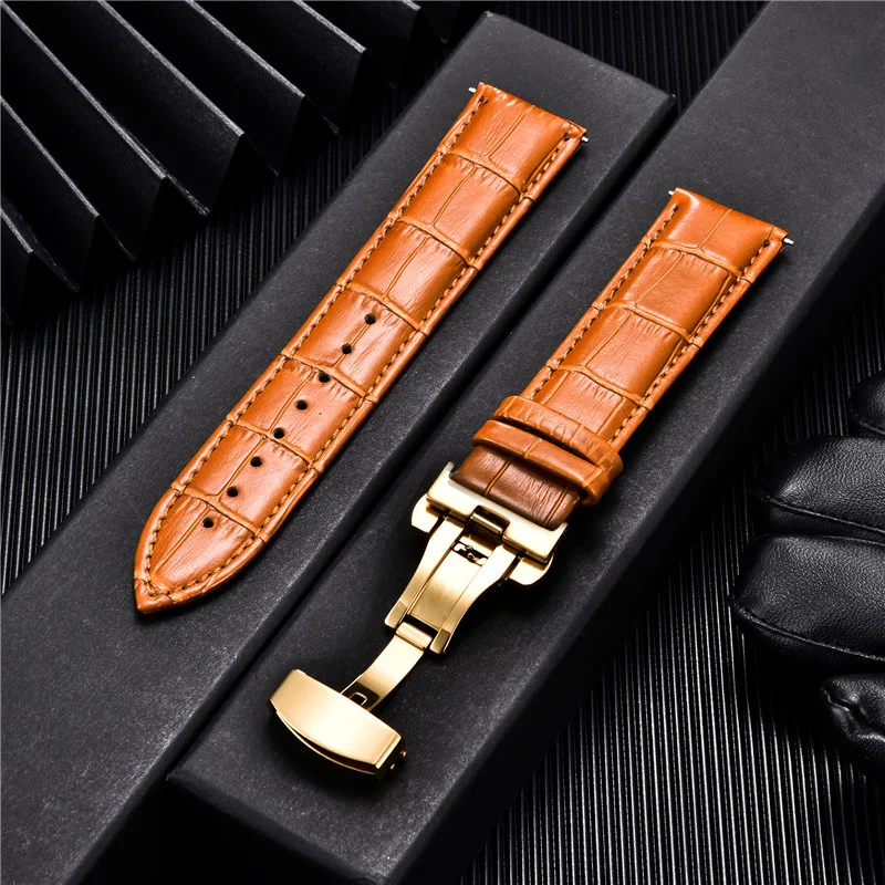 Premium Genuine Leather Watchband with Butterfly Buckle - Elegant Men's Strap Accessory