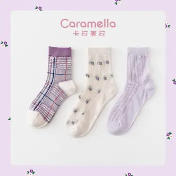 

2020 Caramella Flower Women Socks 3pairs/lot Winter Autumn New Design Socks Funny Cotton Short Socks Purple Mid Crew Female Sock